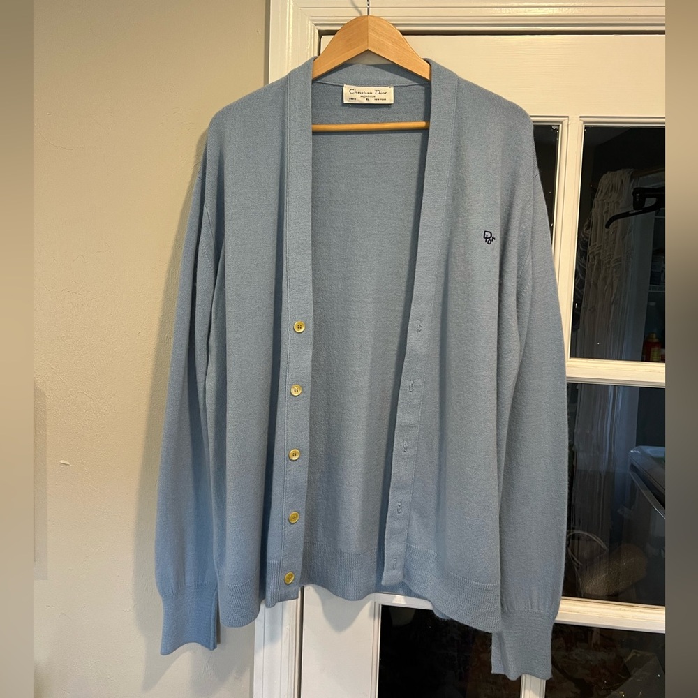 Christian Dior 100% Orlon Acrylic Baby Blue Button-Up Cardigan Sweater